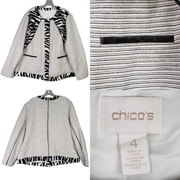 Chicos Women's Blazer Size 4 US XXL Black White Striped Animal Stretch - Picture 1 of 10